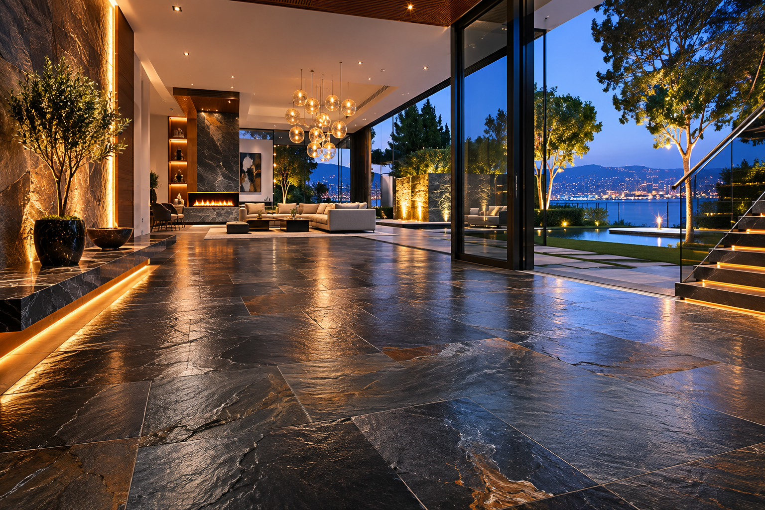 Luxury slate floor restoration and refinishing by Mr. Marble and Stone in Vancouver and Los Angeles.
