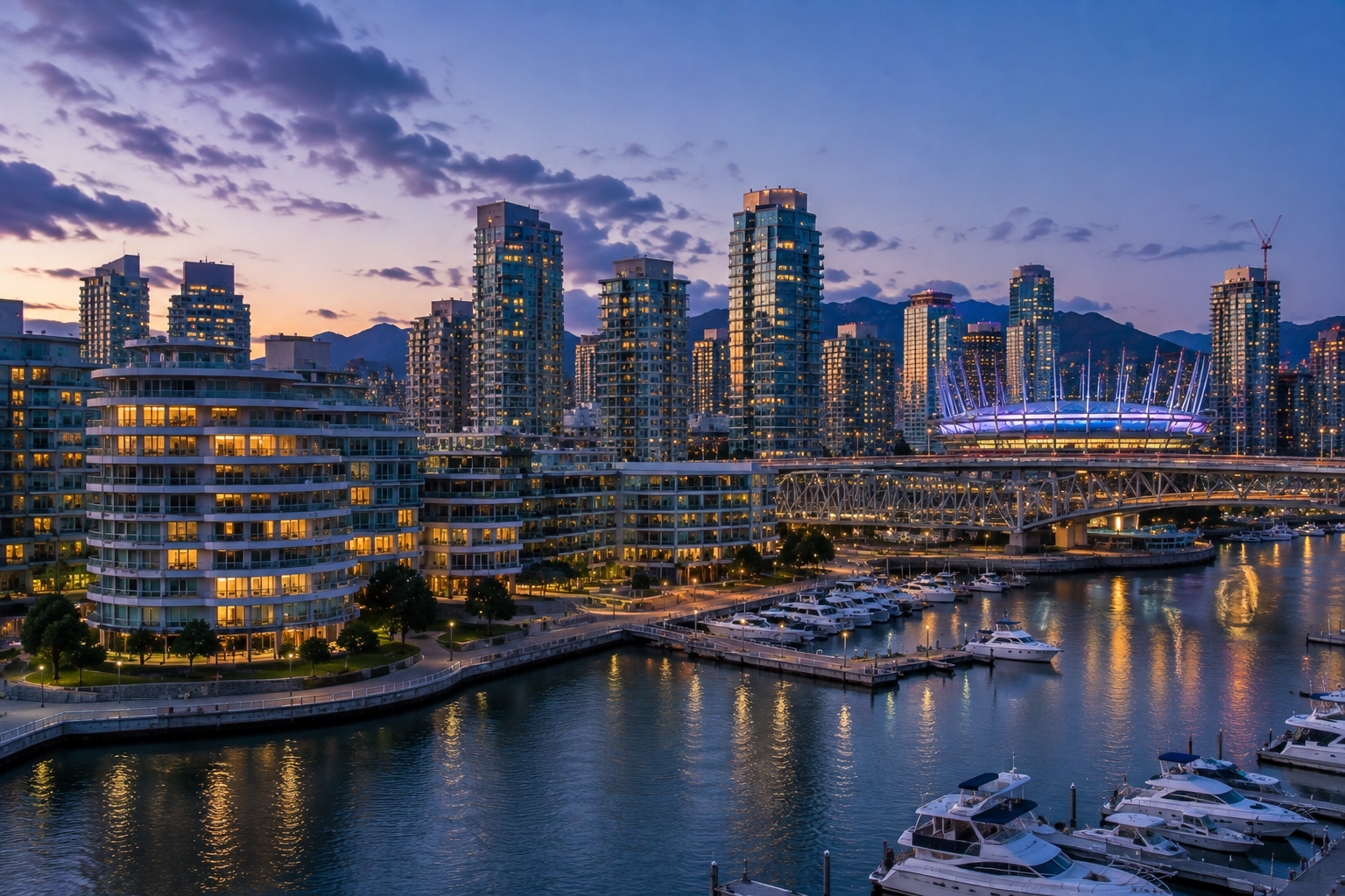 Metro Vancouver, British Columbia skyline and scenic waterfront surrounded by modern architecture, lush landscapes, and mountain views, representing Mr. Marble and Stone’s service area.