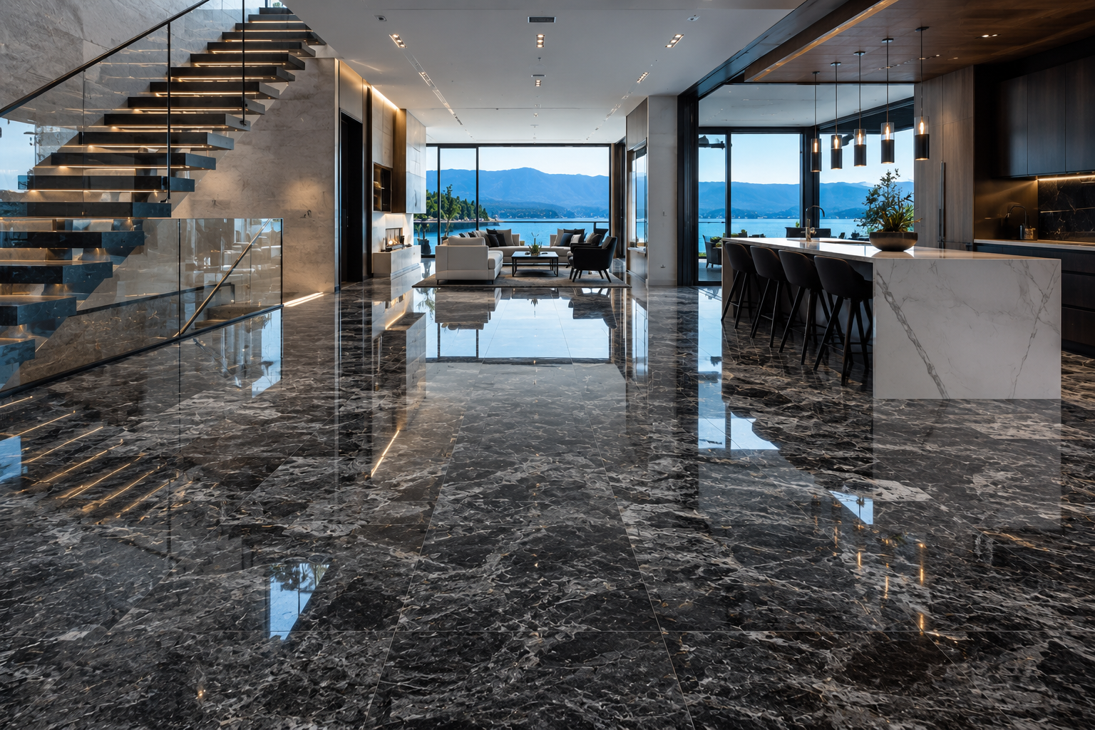 Mr. Marble and Stone granite floor polishing with diamond granite polishing, granite floor refinishing, high-gloss finish restoration, luxury natural stone flooring, and premium granite care.
