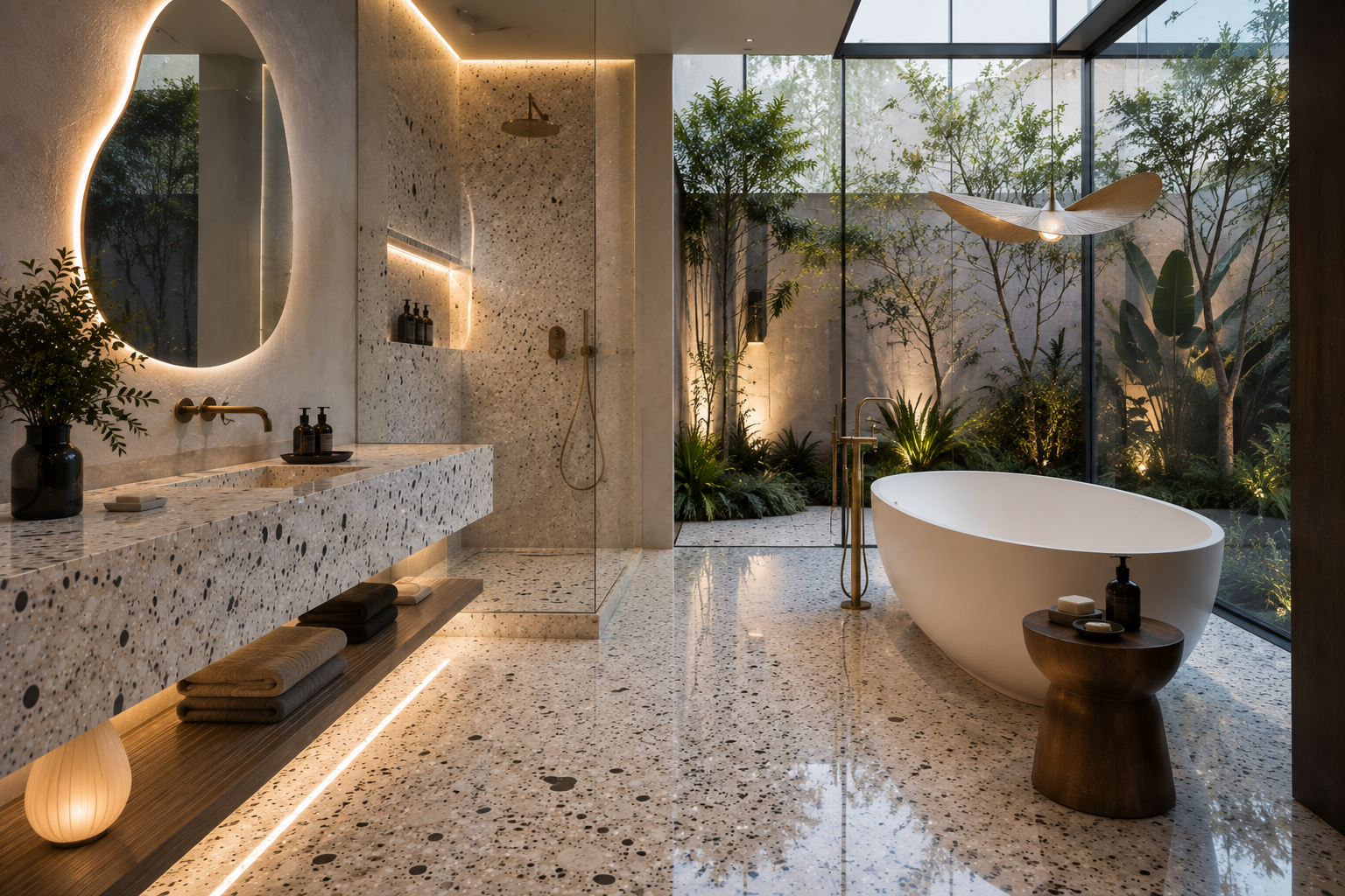 Terrazzo bathroom sealing, terrazzo shower restoration, and terrazzo vanity restoration by Mr. Marble and Stone in Vancouver and Los Angeles.