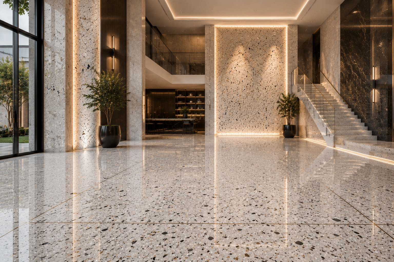 Terrazzo sealing, terrazzo cleaning, terrazzo protection, and terrazzo restoration by Mr. Marble and Stone in Vancouver and Los Angeles.