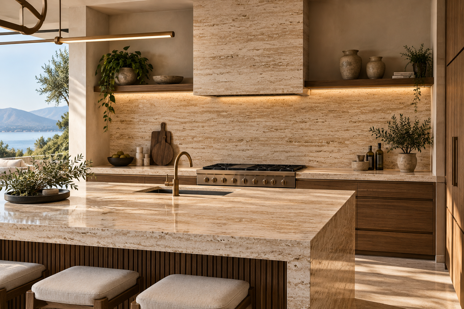 Custom travertine backsplash installation in Vancouver and Los Angeles by Mr. Marble & Stone, highlighting natural stone tilework and detailed kitchen finishing.