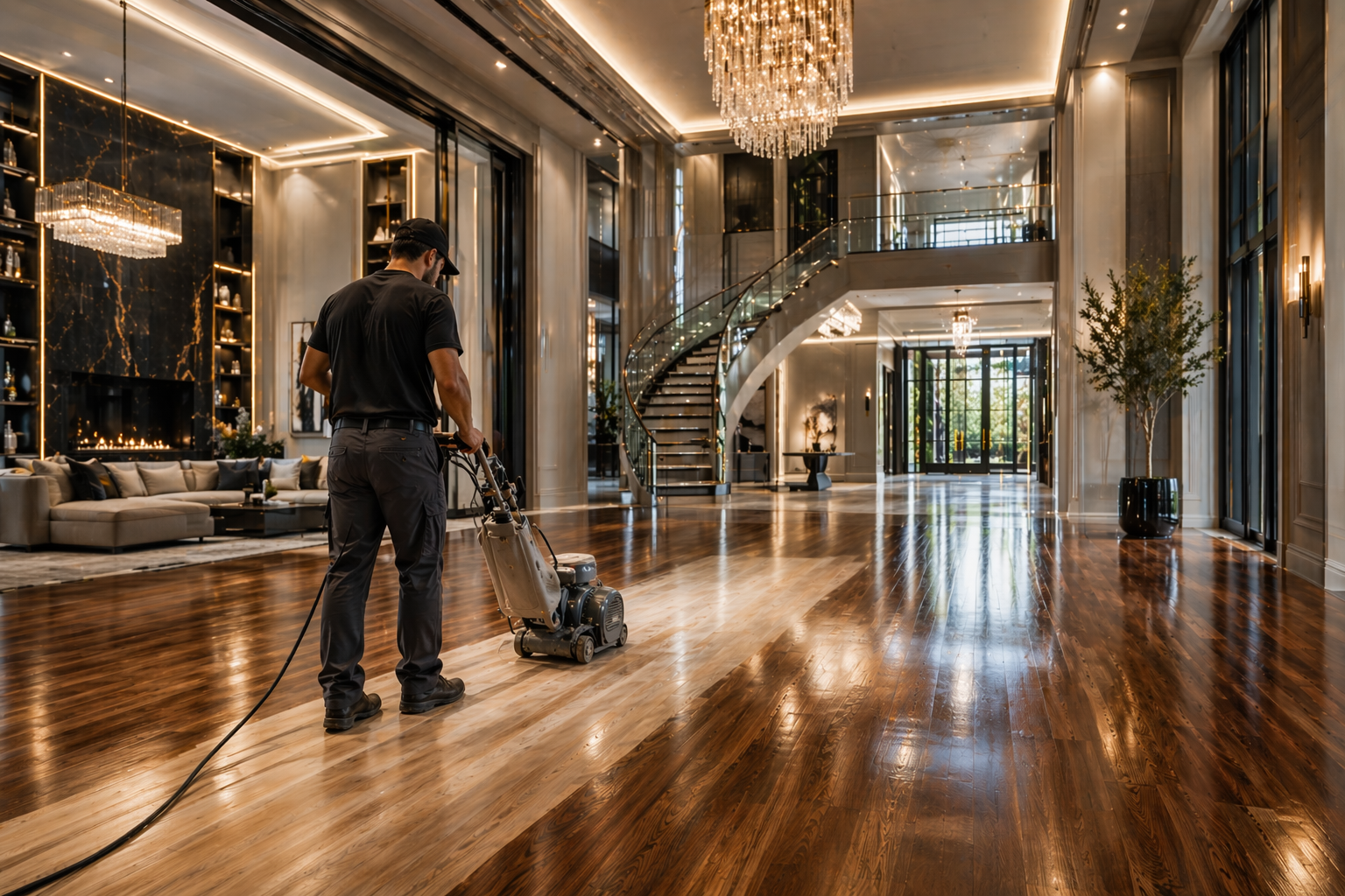 Hardwood floor refinishing in Vancouver featuring dustless sanding, custom stain colors, durable protective coatings, and professional finishing for high-end residential wood flooring
