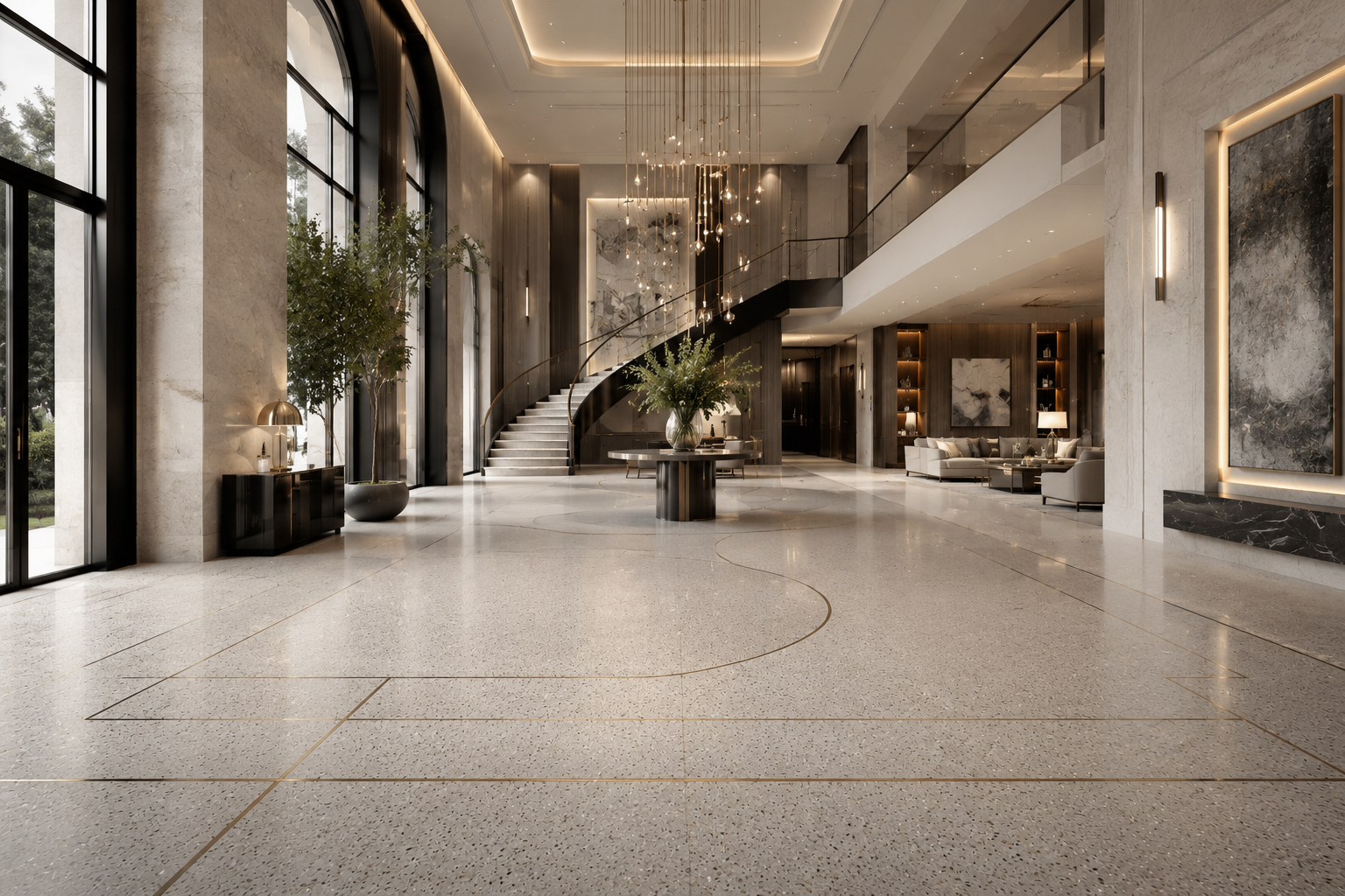 Terrazzo honing, terrazzo polishing, terrazzo cleaning, and terrazzo restoration by Mr. Marble and Stone in Vancouver and Los Angeles.