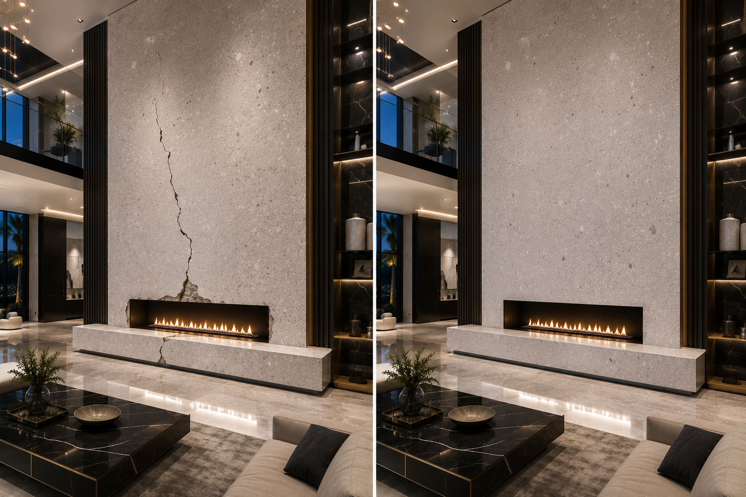 Engineered stone repair before and after by Mr. Marble and Stone in luxury Vancouver and Los Angeles homes.