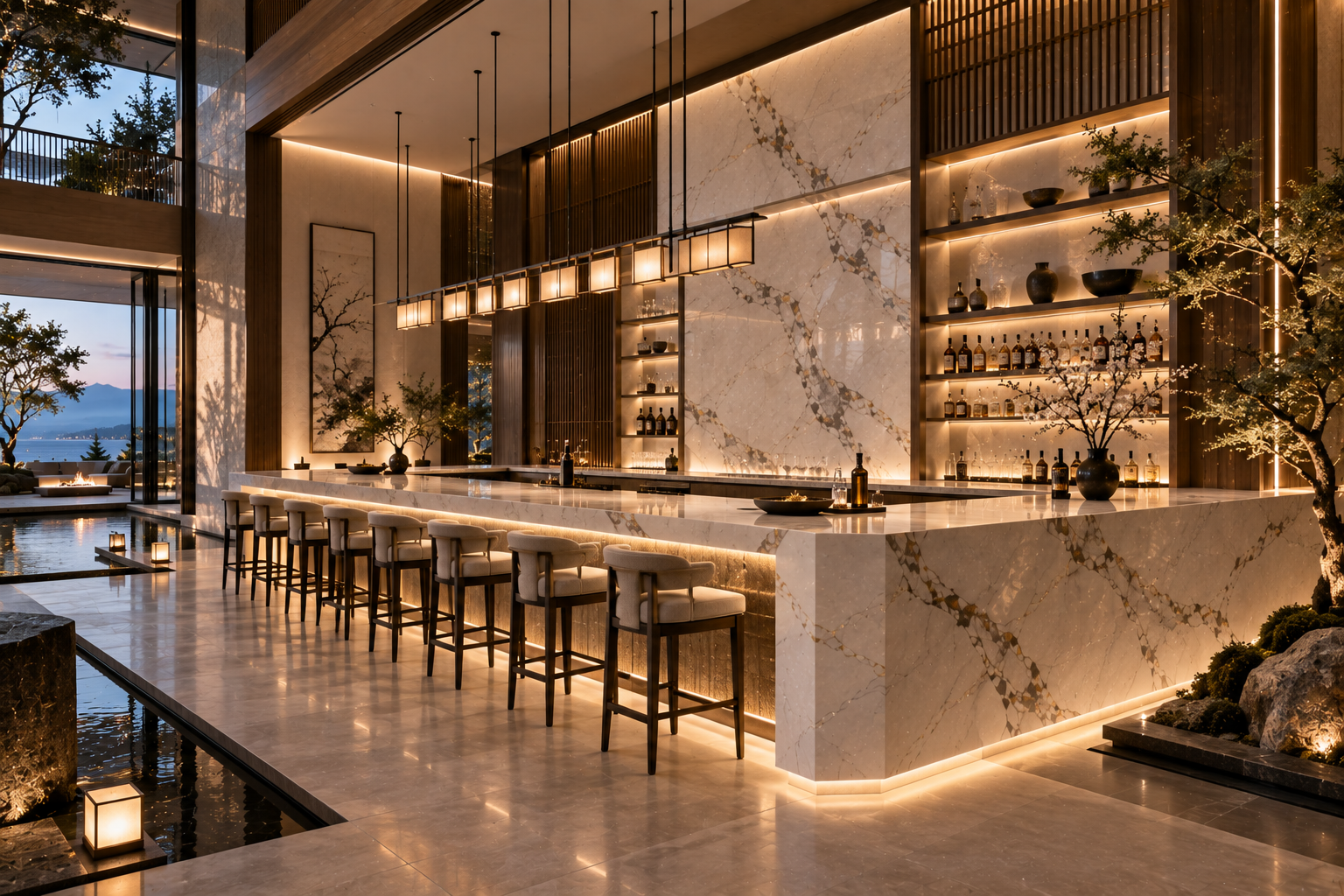 Custom quartz bar installation by Mr. Marble & Stone in Vancouver and Los Angeles, featuring statement quartz surfaces and refined detailing for a luxurious high-end entertaining space.
