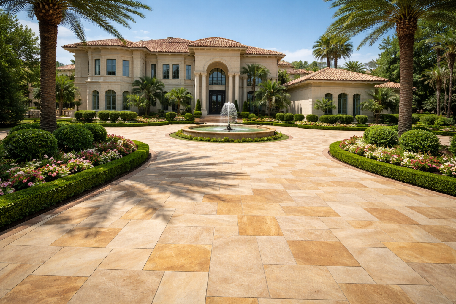Mr. Marble and Stone luxury sandstone installation at a West Vancouver mansion with custom exterior paving, premium natural stonework, and high-end estate craftsmanship.