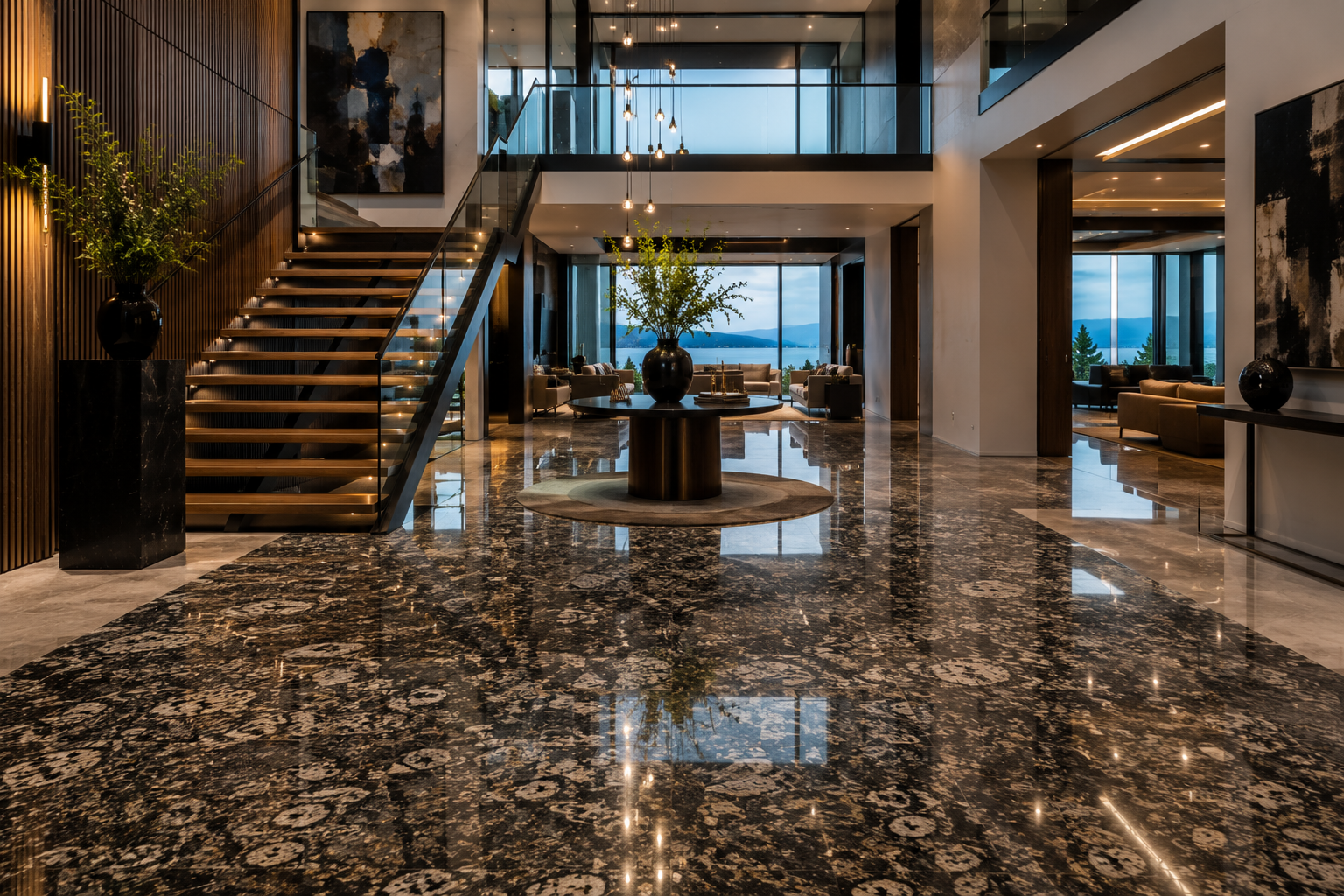 Granite cleaning and stain removal in a luxury modern mansion featuring polished Titanium Granite flooring, a grand foyer with a floating staircase, and professionally restored natural stone surfaces.