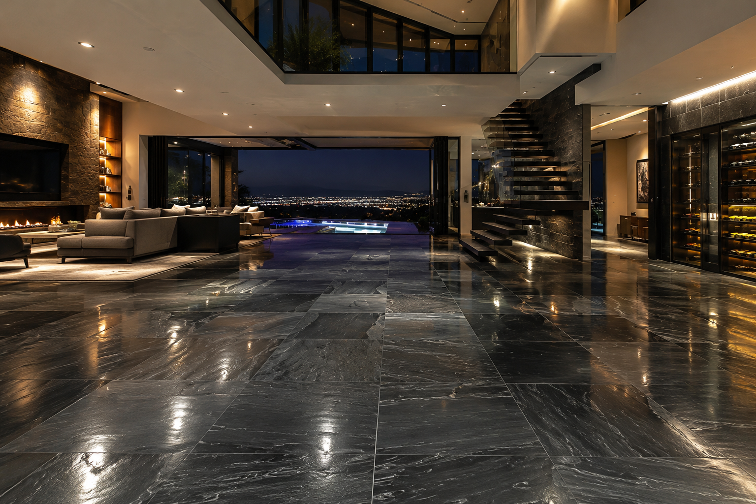 Luxury slate floor polishing by Mr. Marble and Stone, enhancing the natural colour, depth, and refined finish of slate surfaces in Vancouver and Los Angeles.