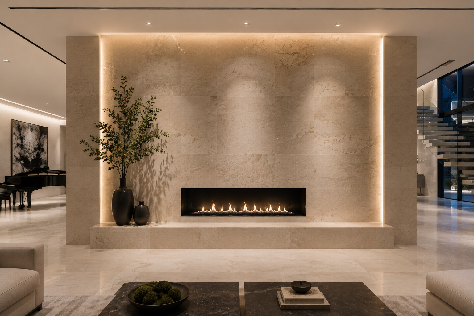 Luxury limestone feature wall restoration in a modern mansion living room featuring a restored natural limestone feature wall. Professional limestone restoration by Mr. Marble and Stone in Vancouver, BC and Los Angeles, CA.