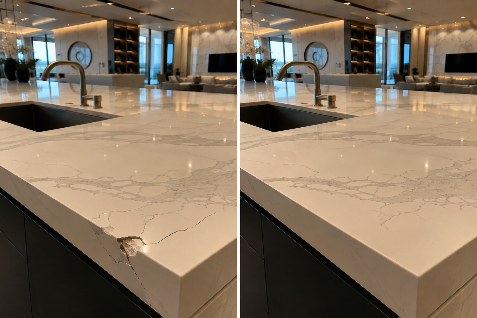 Luxury quartz crack and chip repair by Mr. Marble and Stone in Vancouver and Los Angeles, showing a damaged countertop restored to a seamless finish.