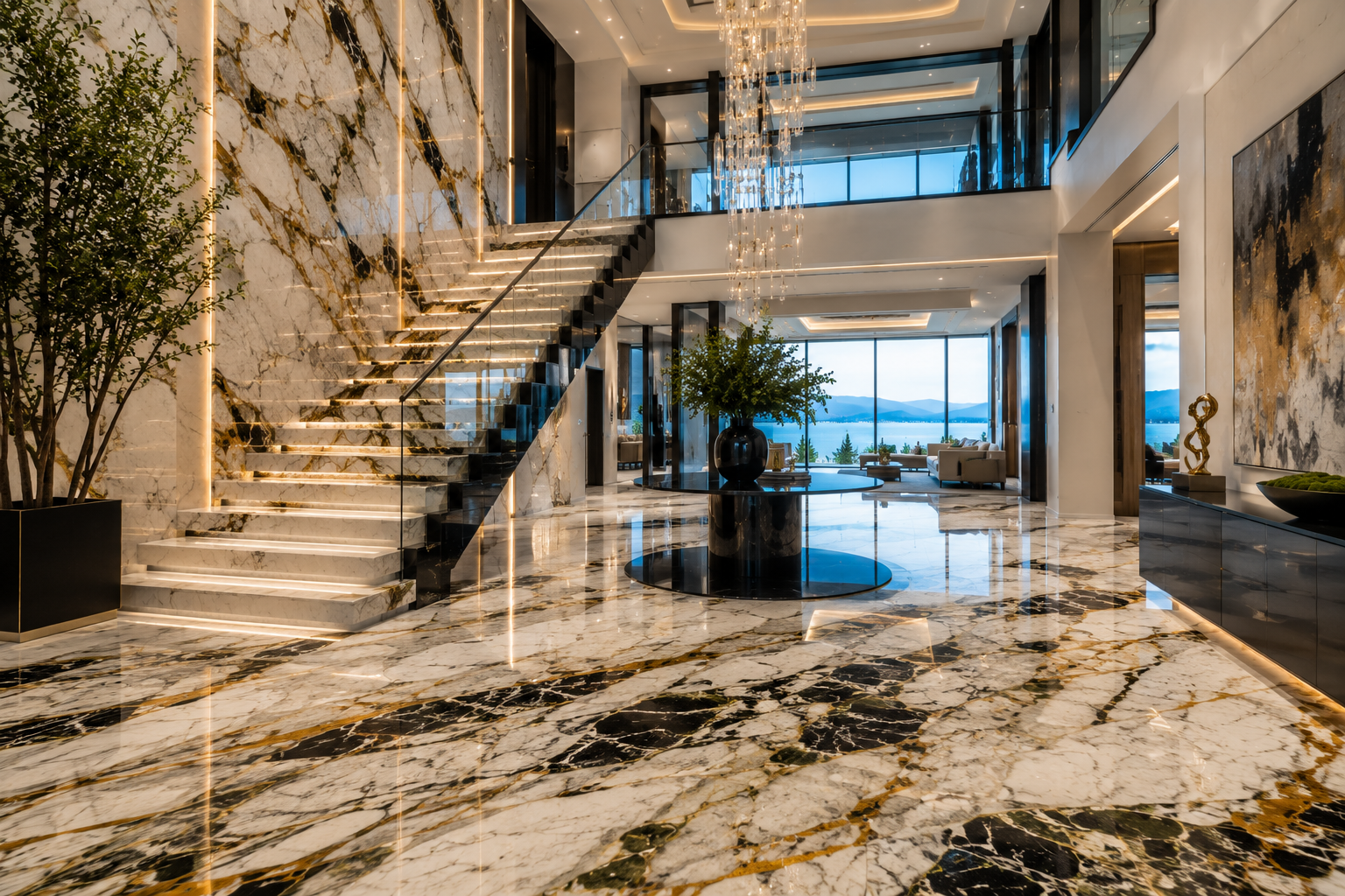 Granite repair, sealing, and surface protection in a luxury modern mansion featuring polished Patagonia granite flooring, granite staircase, and grand foyer with professionally restored natural stone finishes.