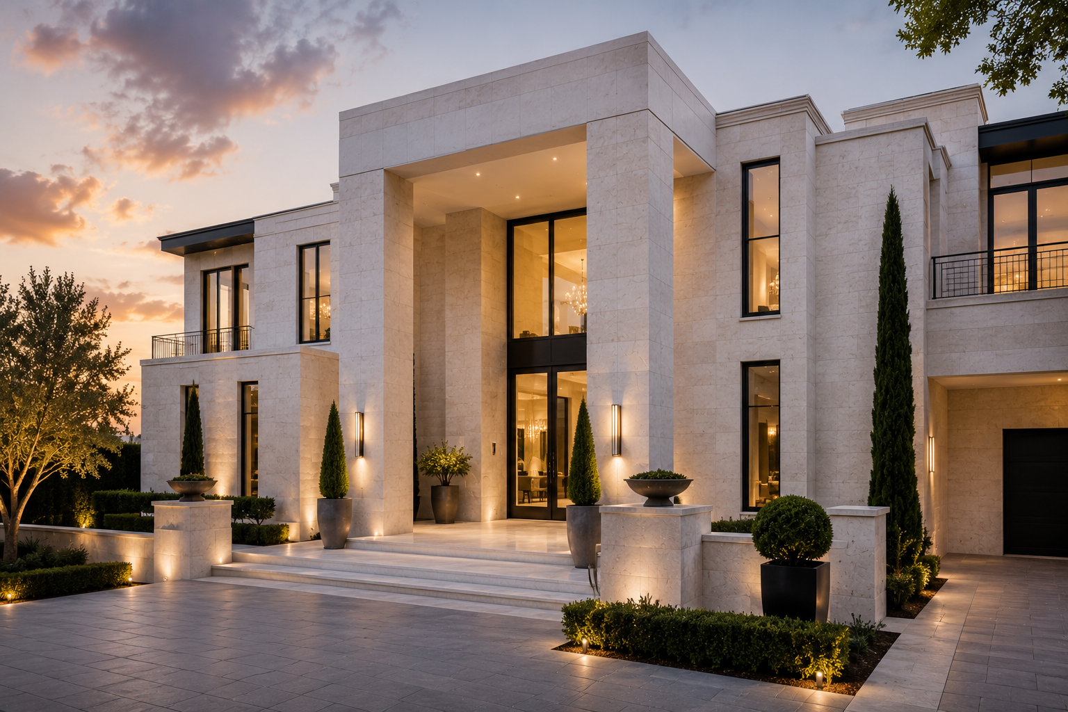 Luxury limestone façade restoration on a modern limestone mansion exterior. Professional limestone restoration by Mr. Marble and Stone in Vancouver, BC and Los Angeles, CA.