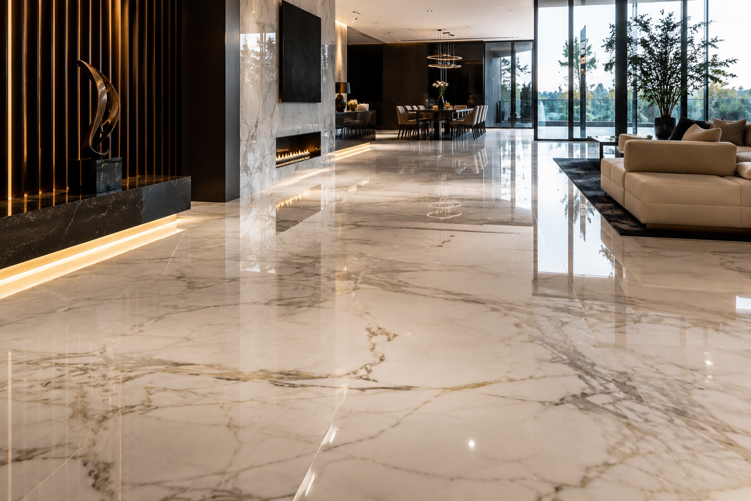 Luxury polished marble floor in a modern interior, professionally restored by Mr. Marble and Stone in Vancouver and Los Angeles.