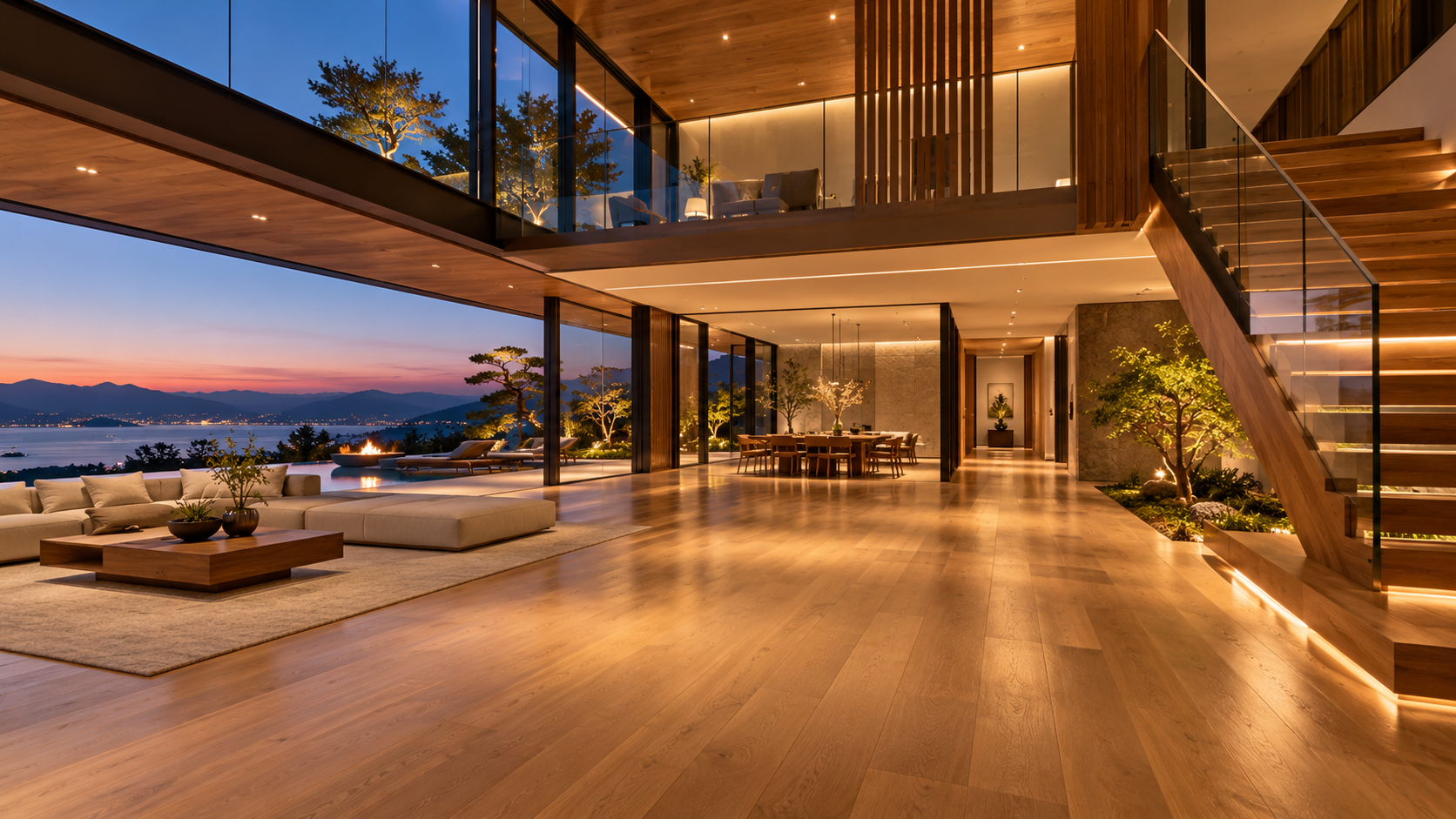 Luxury oak hardwood floor installation, refinishing, sanding, and polishing in a modern Japanese-inspired mansion by Mr. Marble and Stone, serving Vancouver and Los Angeles with premium hardwood flooring restoration and finishing services