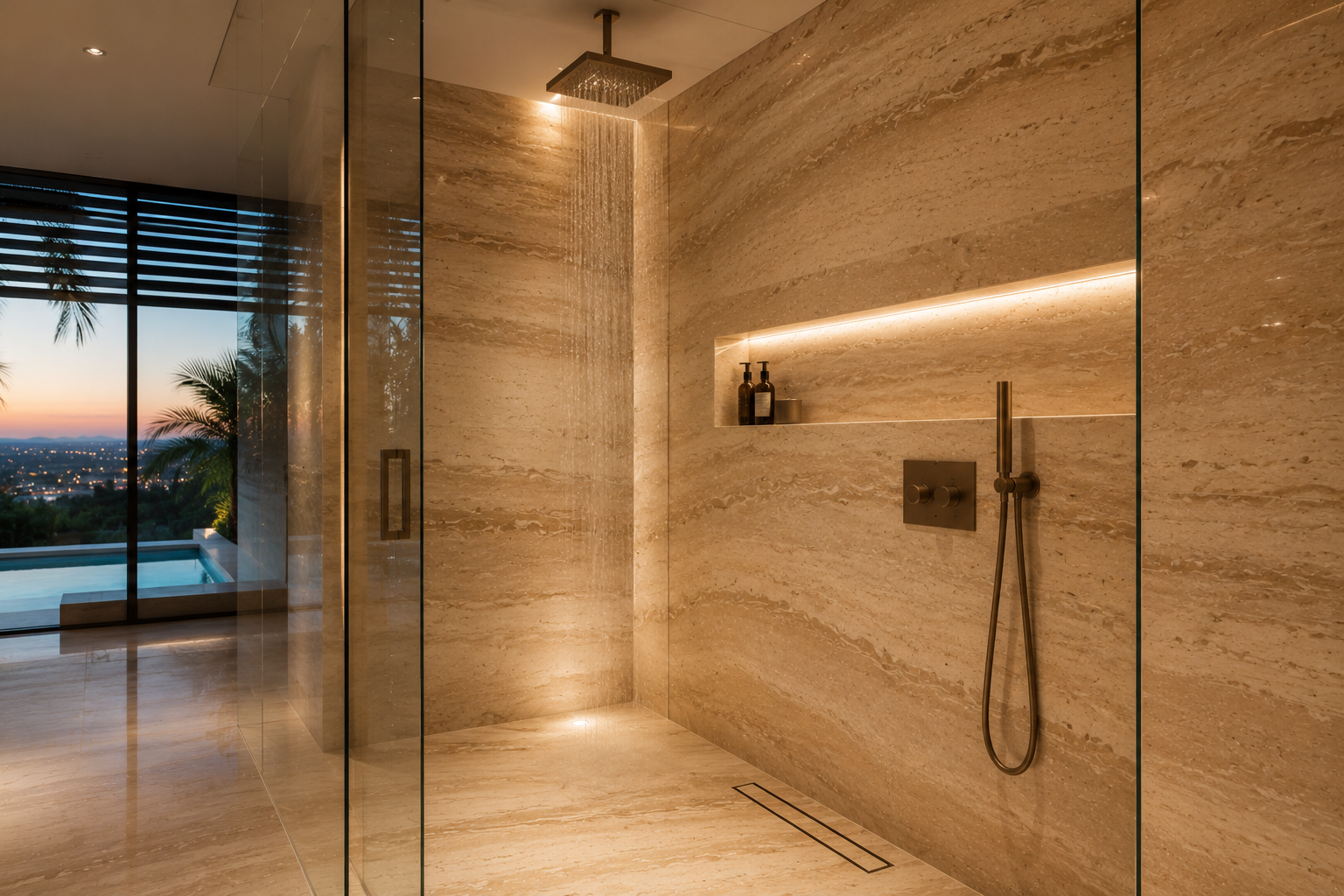 Sandstone shower restoration in Vancouver and Los Angeles, including sandstone cleaning, sandstone polishing, sandstone sealing, and sandstone refinishing.