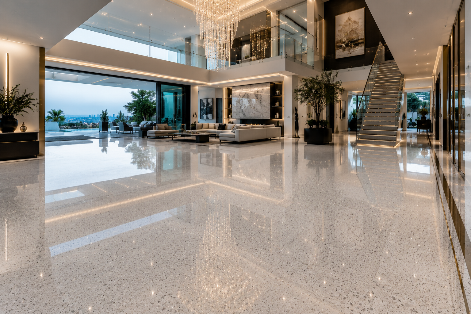 Mr. Marble and Stone quartz floor polishing in luxury Los Angeles, California and Vancouver, British Columbia homes.
