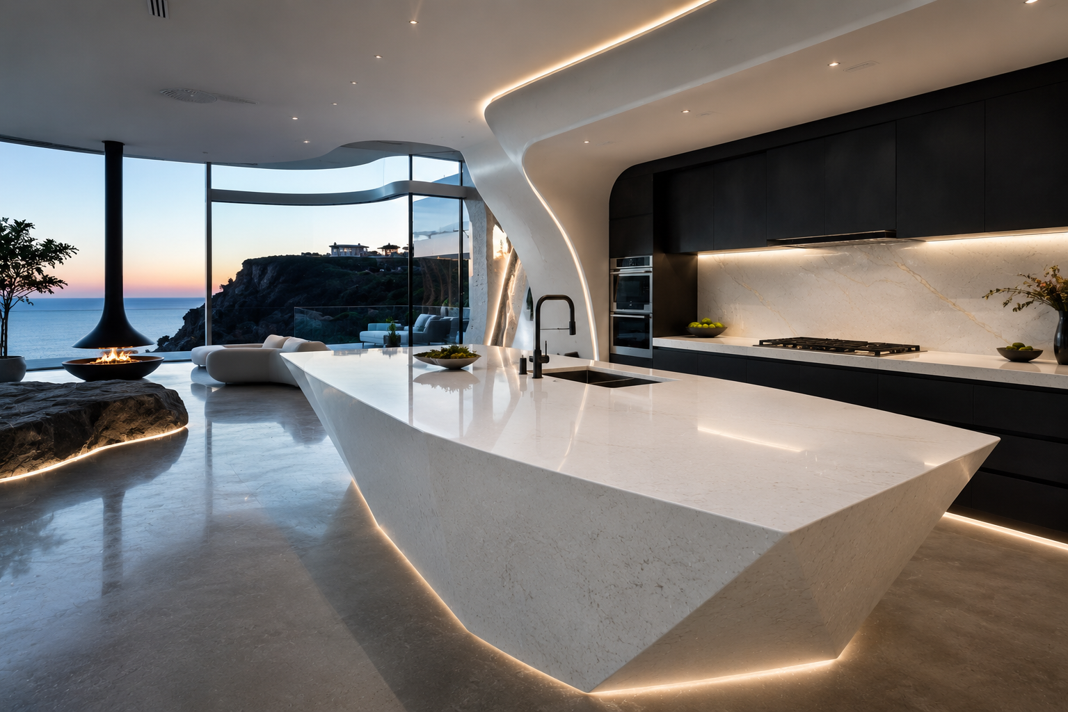Ultra-modern luxury quartz countertop in a futuristic mega mansion in Los Angeles and Vancouver, featuring a sculptural waterfall island, sleek black cabinetry, ocean views, and premium quartz polishing.