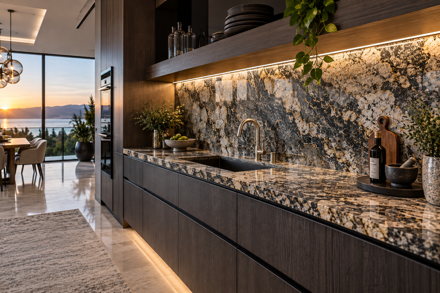 Mr. Marble and Stone granite backsplash installation in Vancouver and Los Angeles, specializing in custom granite backsplashes, granite wall panels, precision granite cutting, and professional granite installation.