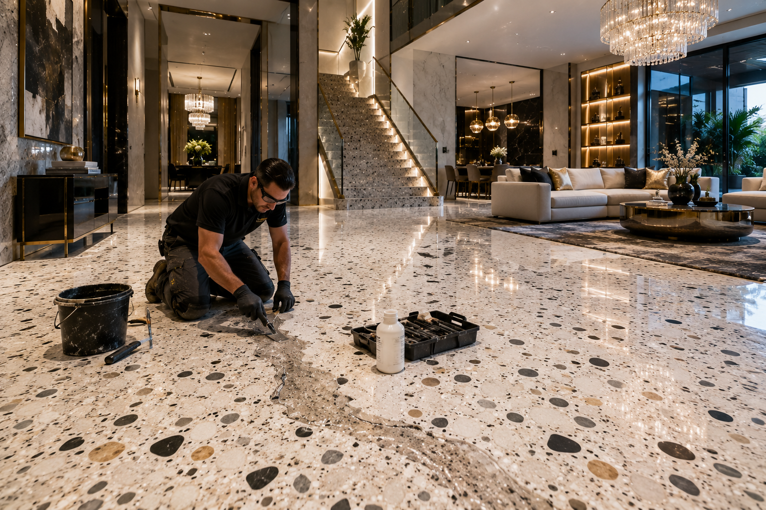 Terrazzo repair, terrazzo crack repair, terrazzo chip repair, and terrazzo restoration by Mr. Marble and Stone in Vancouver and Los Angeles.