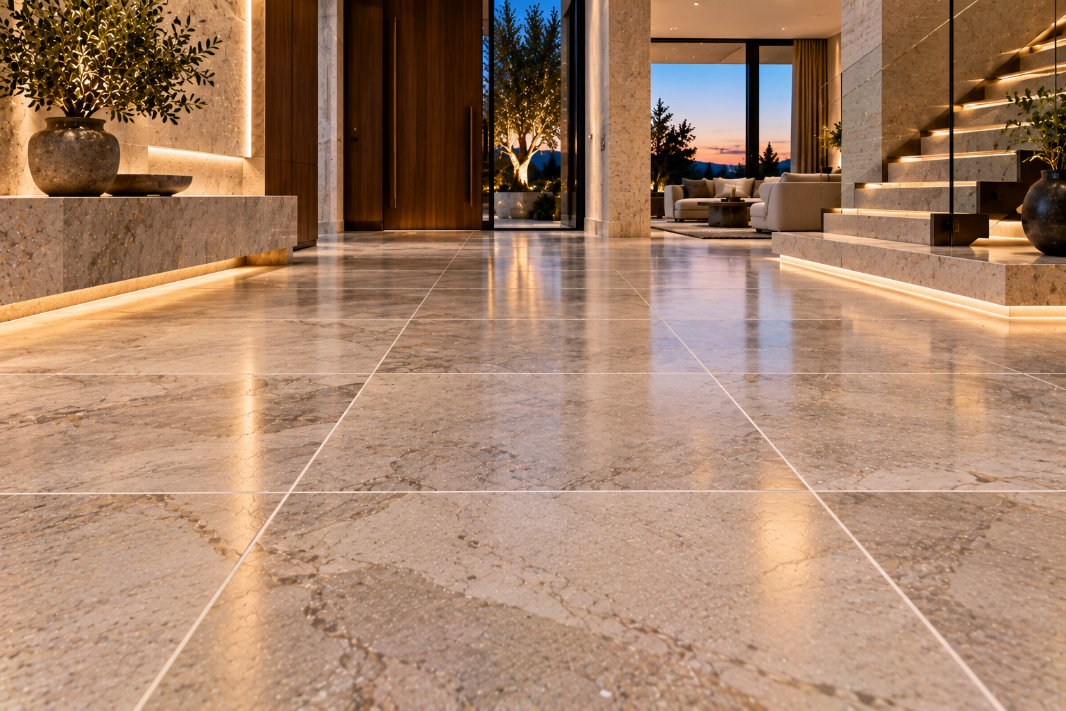 Mr. Marble and Stone floor grout refresh in Vancouver and Los Angeles, renewing faded, stained, and discolored grout lines to restore a clean, defined, and polished tile floor appearance.