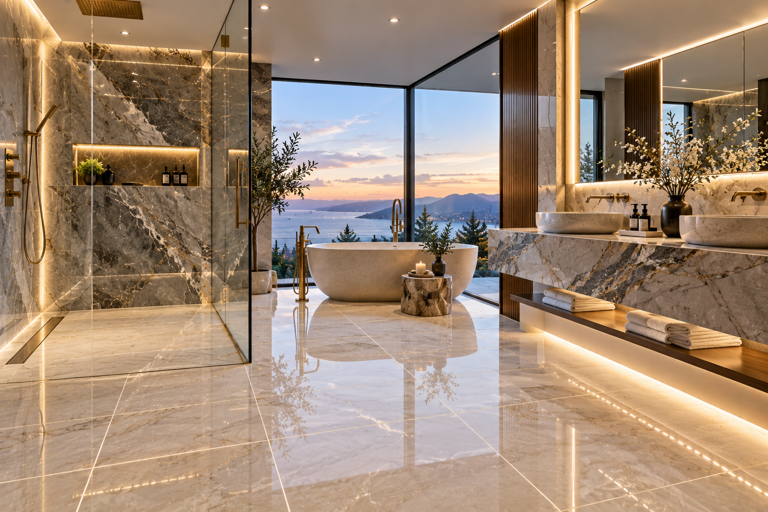 Modern luxury shower with professionally installed epoxy grout between large-format wall and floor tiles, showcasing a seamless, waterproof and stain-resistant finish by Mr. Marble and Stone in Vancouver and Los Angeles.