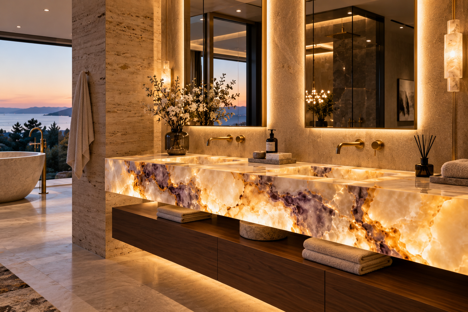Mr. Marble and Stone onyx vanity installation in Vancouver and Los Angeles, featuring distinctive natural veining and a luxurious polished finish.