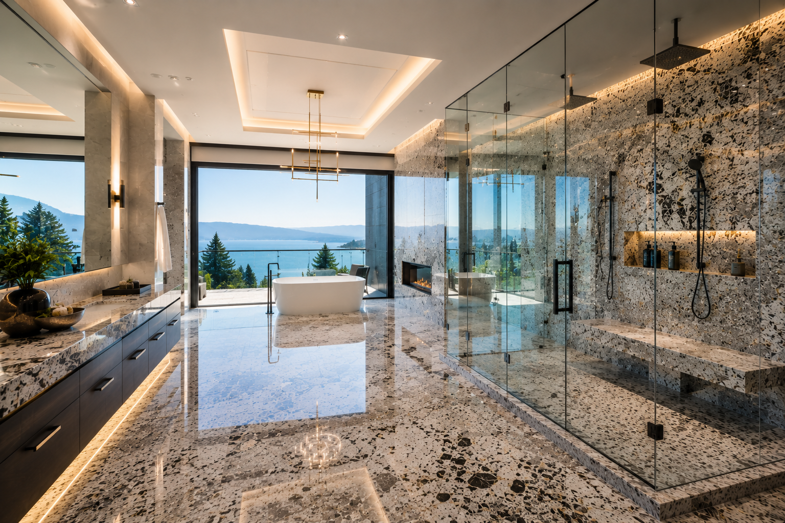 Granite shower sealing in a luxury modern mansion bathroom featuring sealed White Ice granite shower walls, polished granite flooring, granite vanity countertops, and premium natural stone finishes.