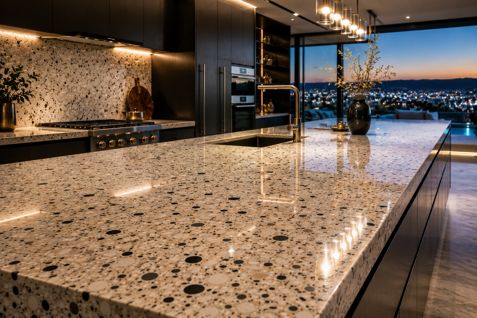 Terrazzo countertop polishing by Mr. Marble and Stone in Vancouver and Los Angeles.