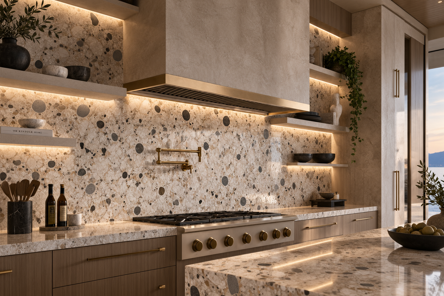 Custom terrazzo backsplash for a luxury kitchen, combining decorative marble chips and colorful stone fragments into a distinctive, polished surface by Mr. Marble and Stone, serving Vancouver and Los Angeles.