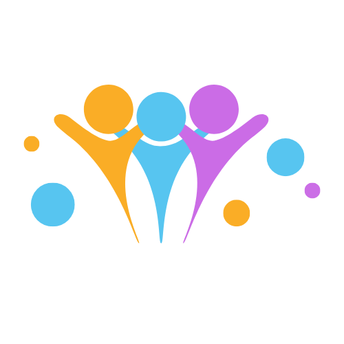 Abstract logo with three stylized human figures in orange, blue, and purple, surrounded by smaller circles in blue, orange, and purple.