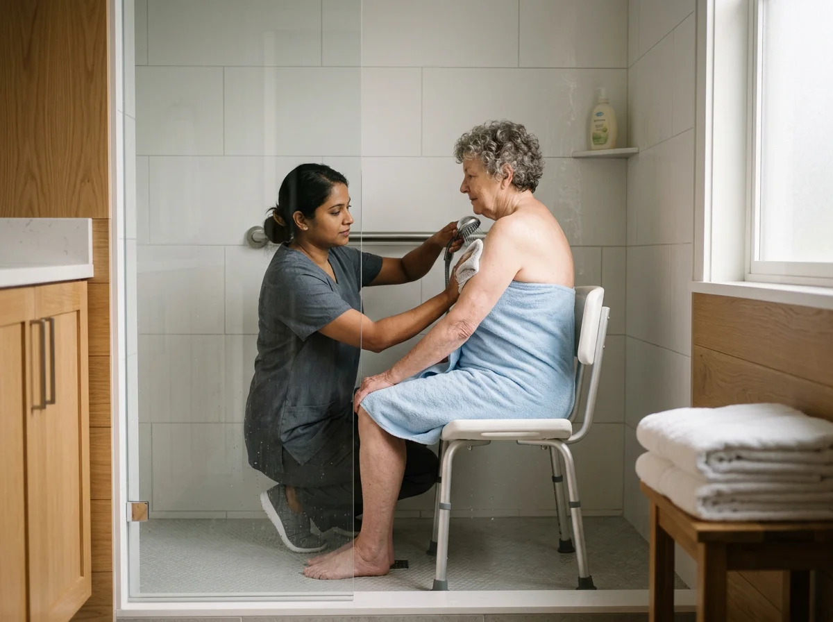 NDIS Personal Care Worker Assists the Lady Showering