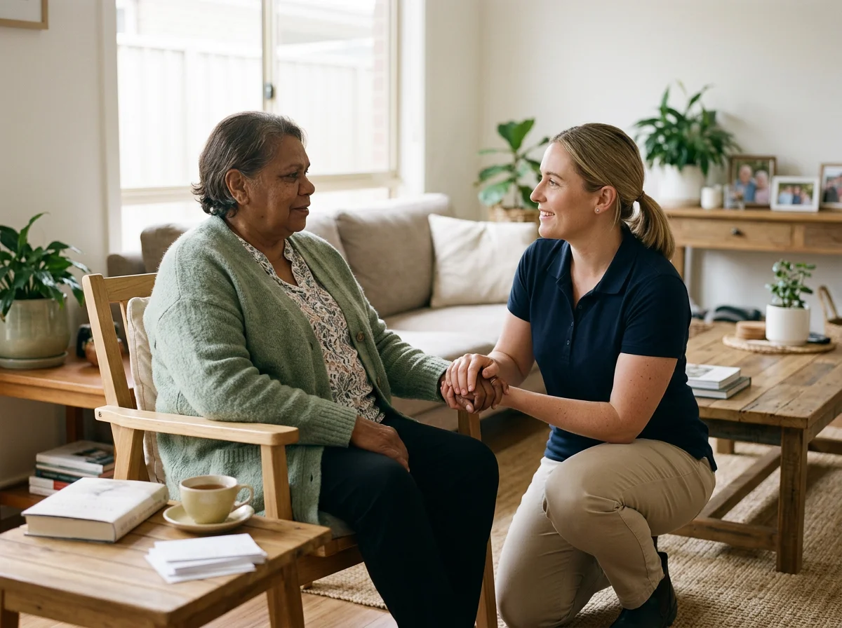 Aruga NDIS Support Worker helps an elderly woman.