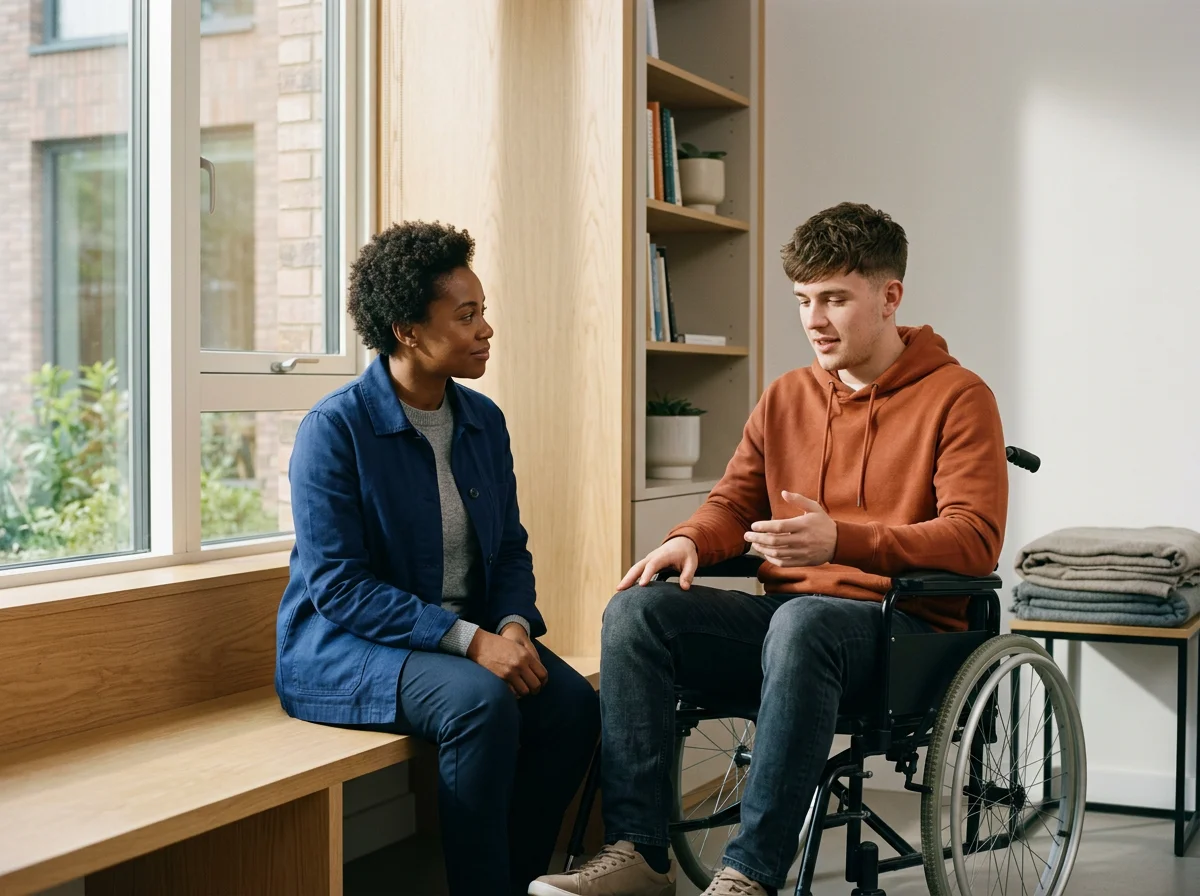 NDIS Support Worker advises a disabled young man in his wheelchair.