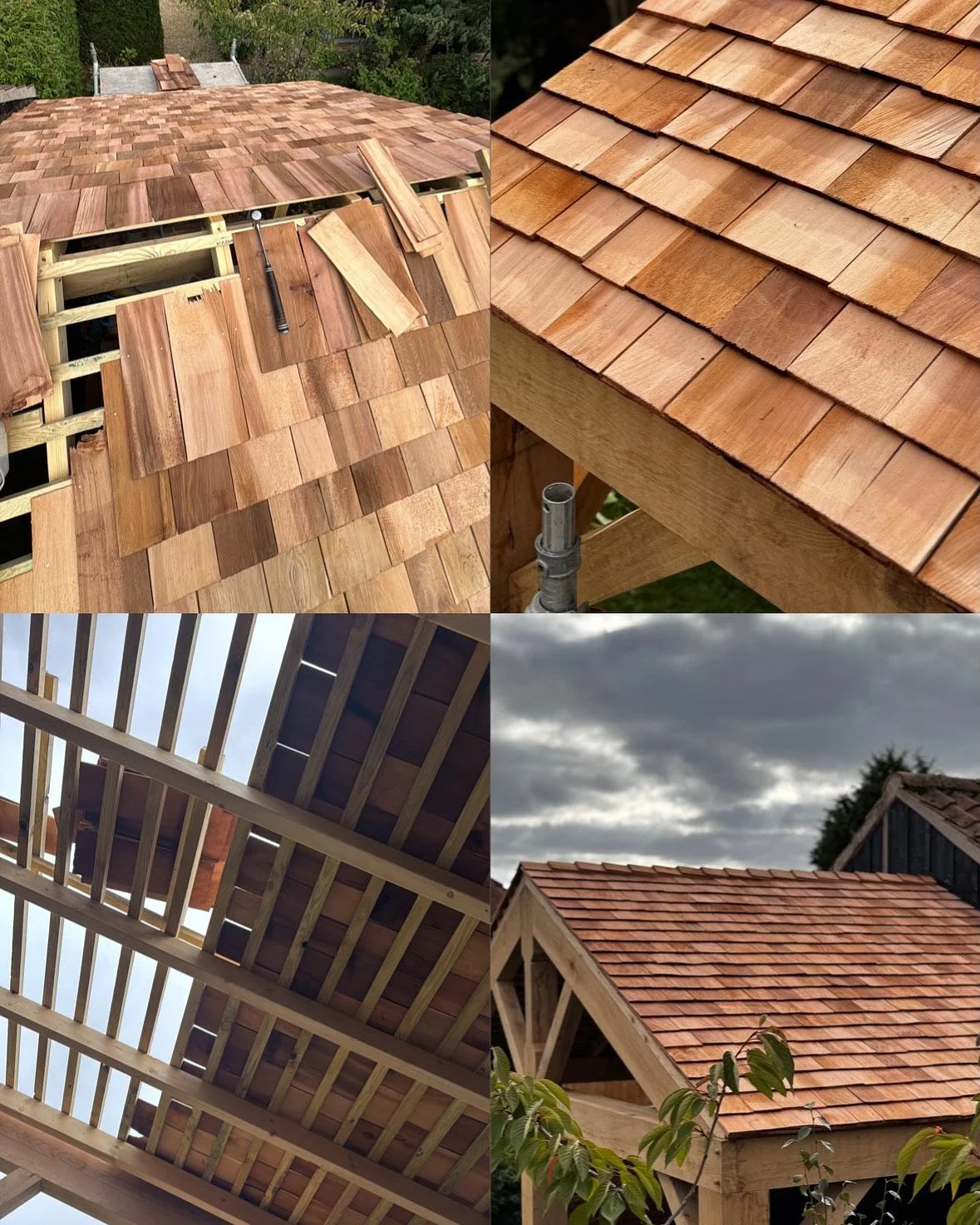 A collage of four photos showing the roofing process of a wooden house. The top left photo shows a roof with new wooden shingles being installed, with tools on the shingles. The top right photo shows a close-up of the completed wooden shingle roof. T