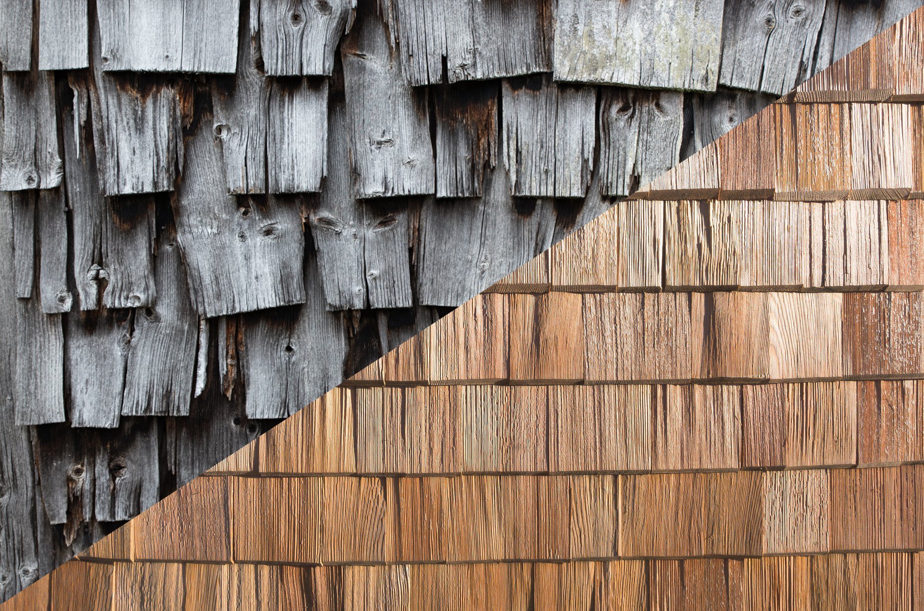 Geteiltes Bild mit einer Hälfte alter, graue Holzwände mit sichtbaren Knoten und Rissen, und anderer Hälfte neue, unbehandelte hellbraune Holzplanken.