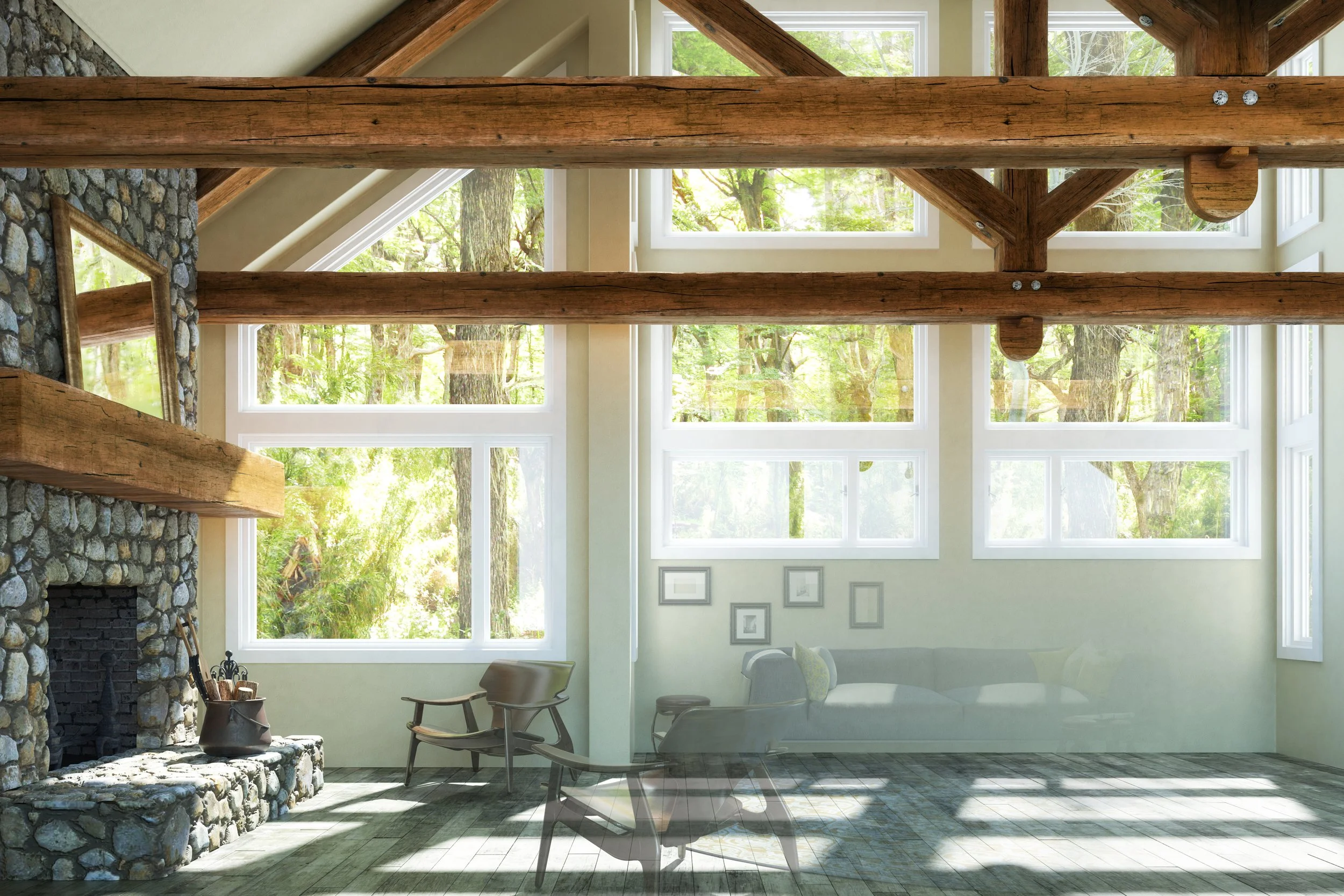 Ein heller Wohnraum mit großen Fenstern und sichtbarem Holzaufbau an der Decke, inklusive Kamin und Holzstühlen.