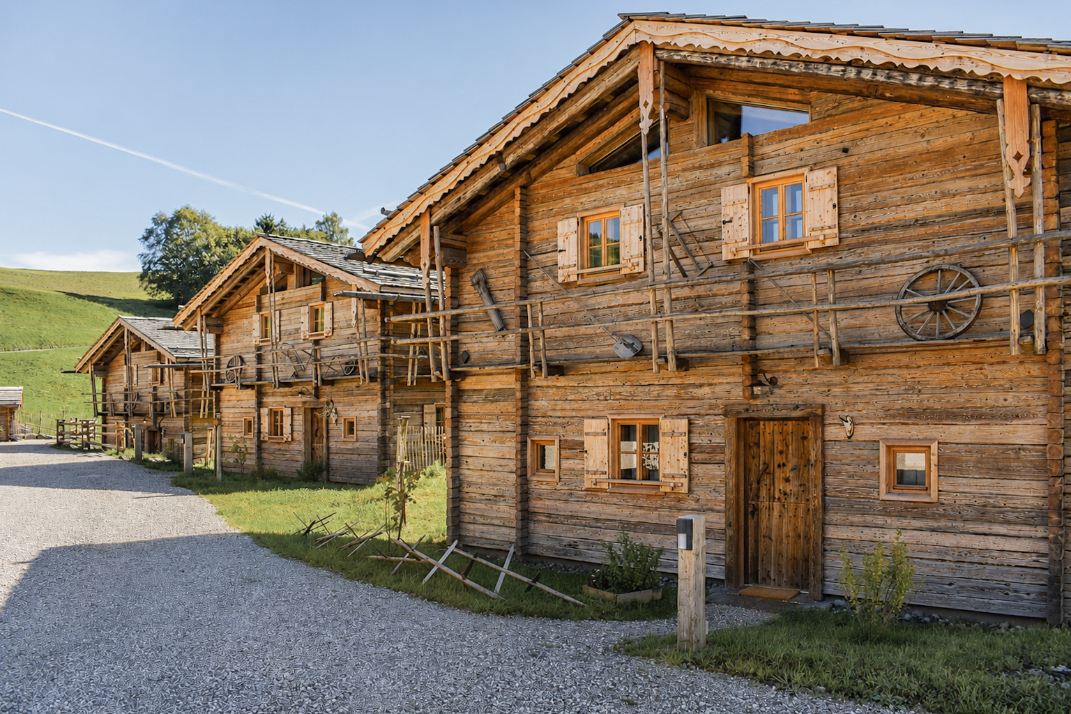 Mehrere traditionelle Holzhütten in einer ländlichen Umgebung mit grünen Hügeln im Hintergrund, unter klarem blauen Himmel.