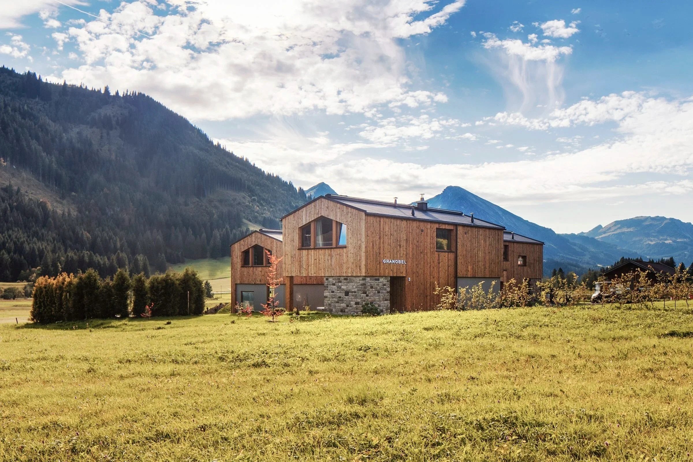Modernes Holzhaus vor Berglandschaft und bewölktem Himmel, im Vordergrund eine grüne Wiese mit kleinen Bäumen.