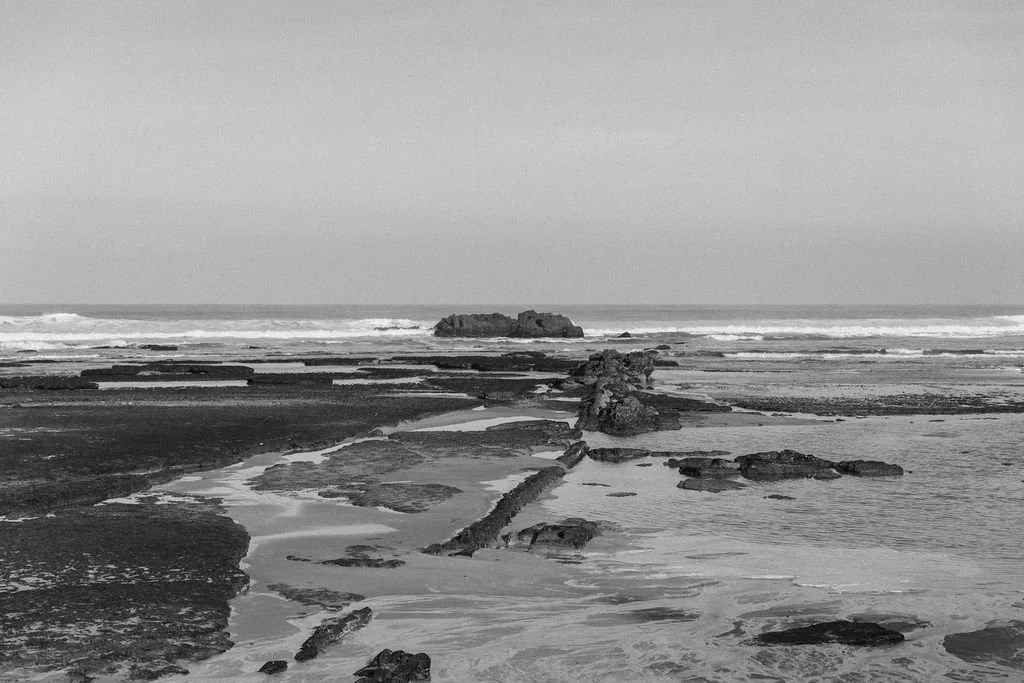 Black and white photo of a rocky beach with tide pools and an ocean in the background, with a large rock formation in the distance.