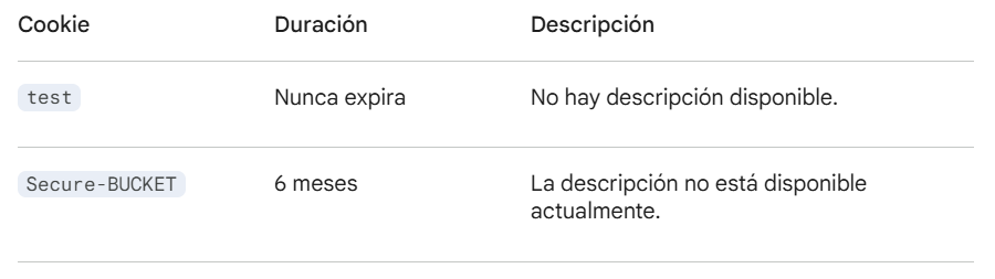 Tabla con detalles de cookies, incluyendo 'test' sin expiración y 'Secure-BUCKET' con duración de 6 meses, sin descripción disponible.