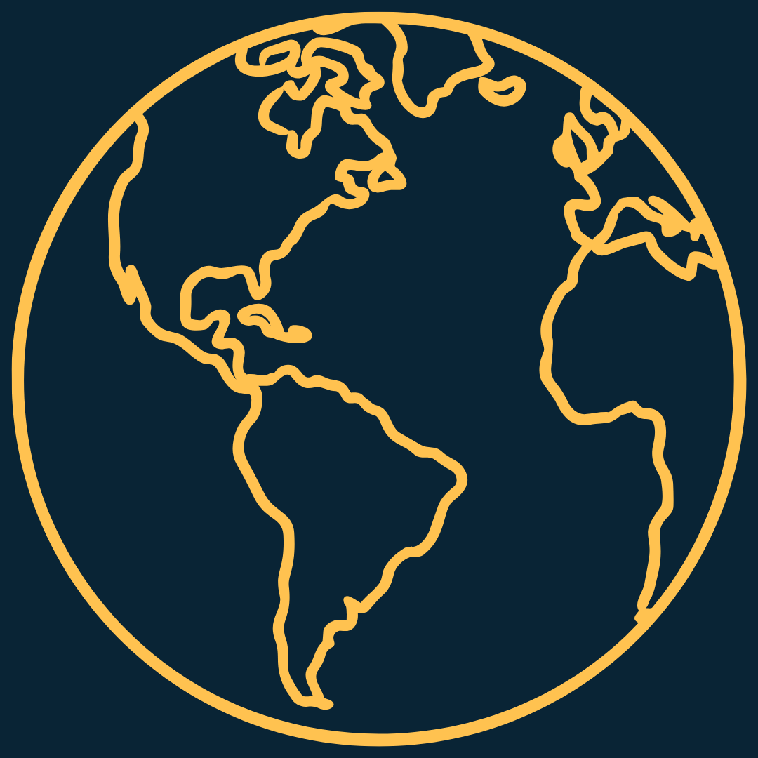 Ilustración del mapa del mundo en líneas amarillas sobre fondo oscuro.