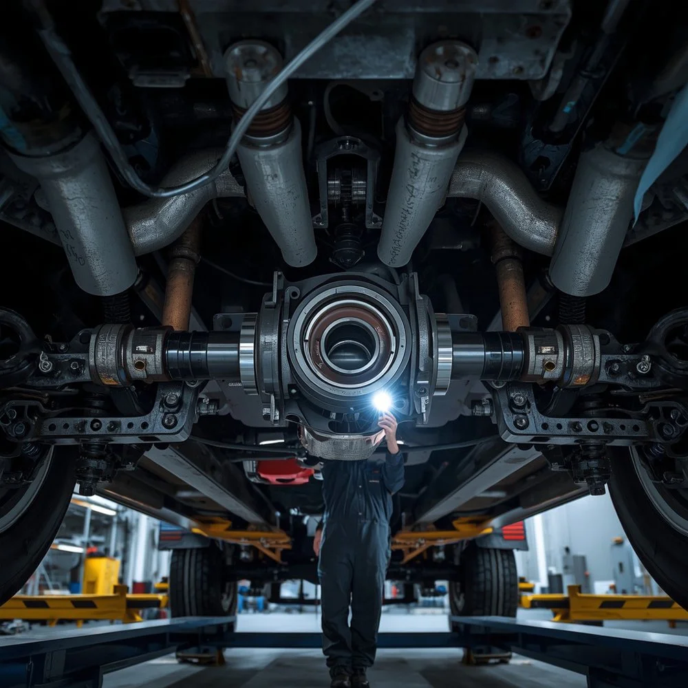 Technician inspecting a heavy-duty driveshaft centre bearing and two-piece propshaft beneath a commercial vehicle.