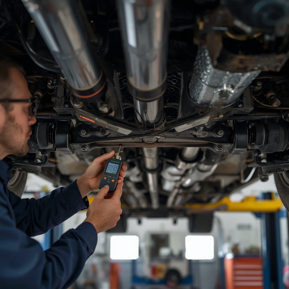 Technician inspecting propshaft alignment and driveline geometry beneath a commercial vehicle.
