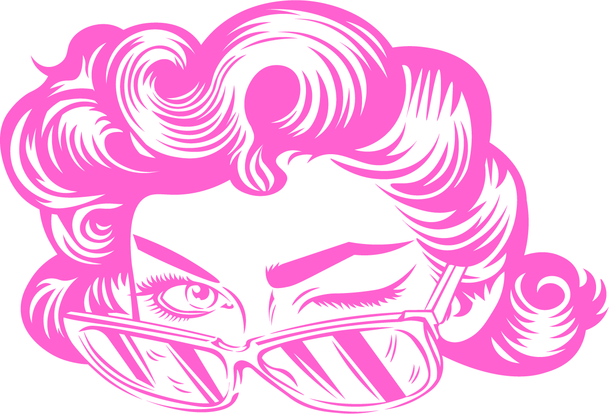 Illustration of a woman's face with curly hair and sunglasses, drawn with pink lines on a black background.
