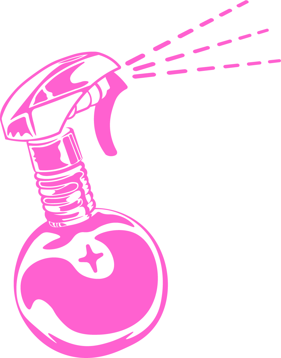 A pink illustration of a grenade with a spray nozzle, emitting dashed lines representing spray or mist.