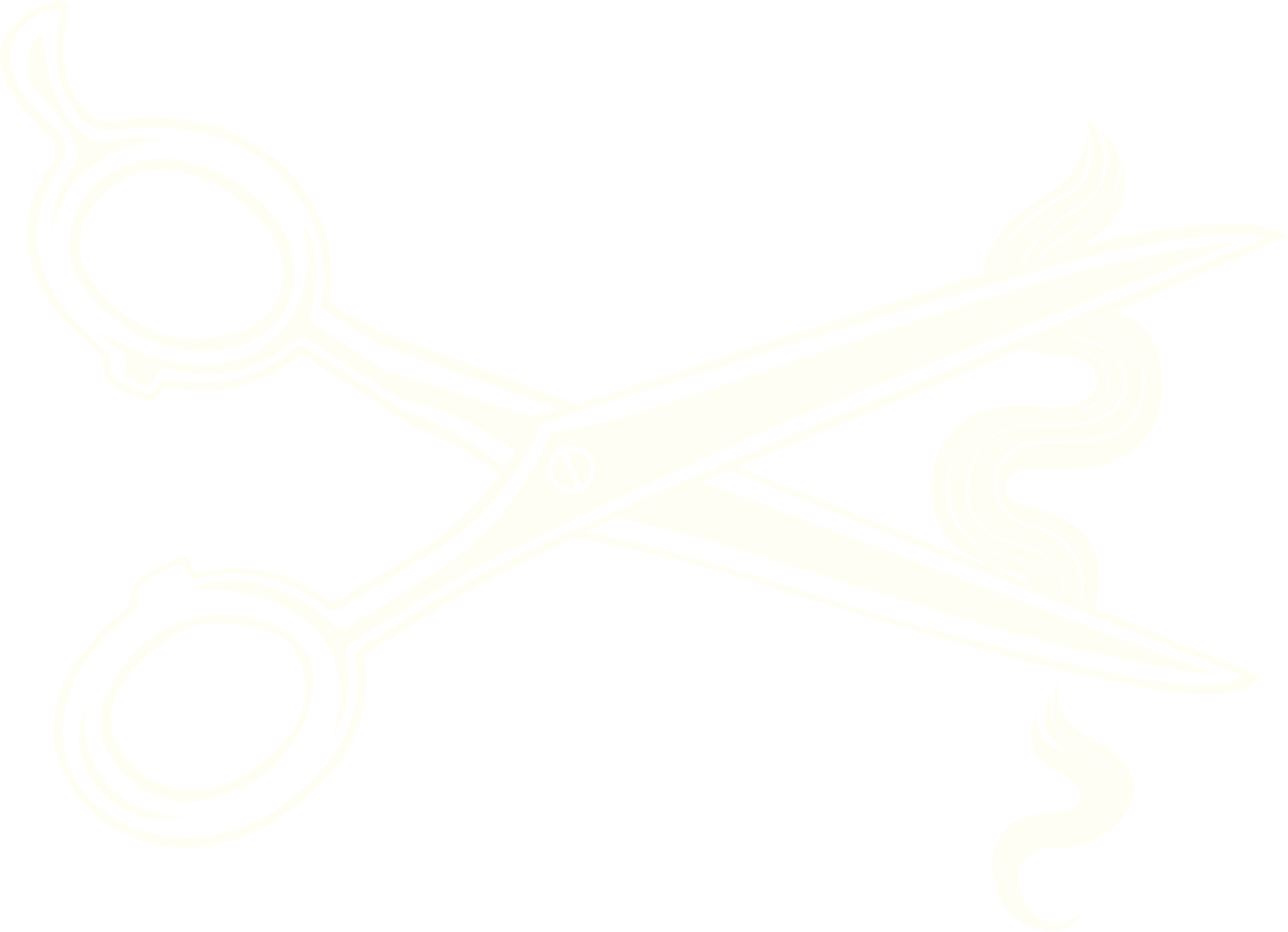 An illustration of a pair of scissors cutting through a piece of fabric with steam or smoke coming from it.