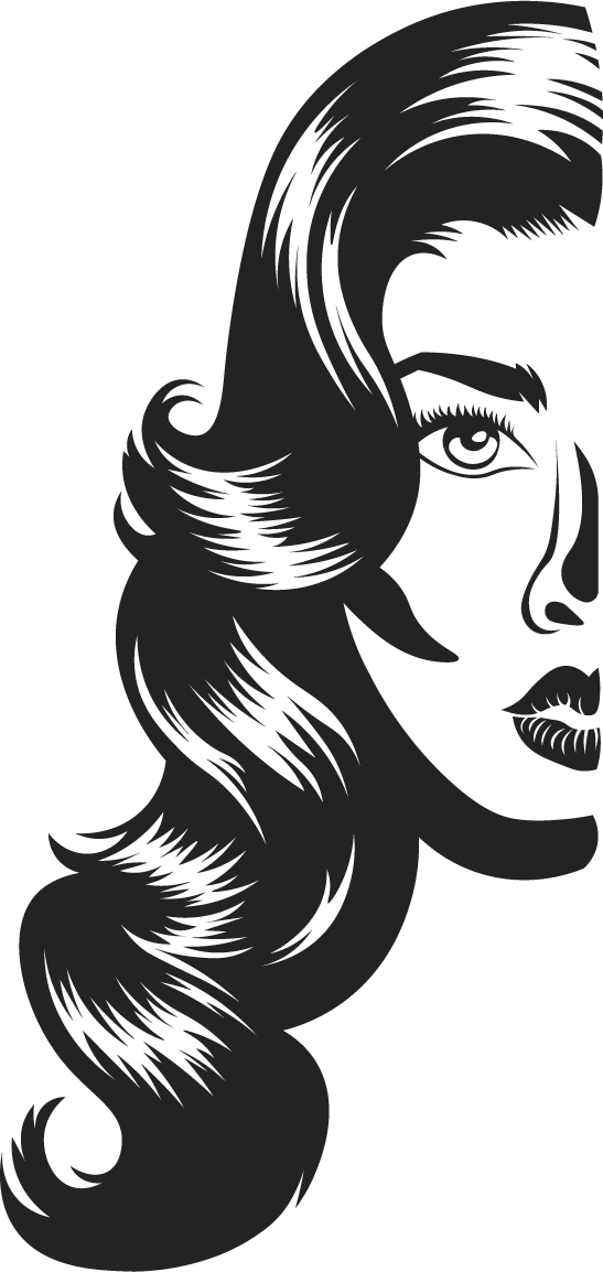 A black and white illustration of a woman's face in profile with flowing hair.
