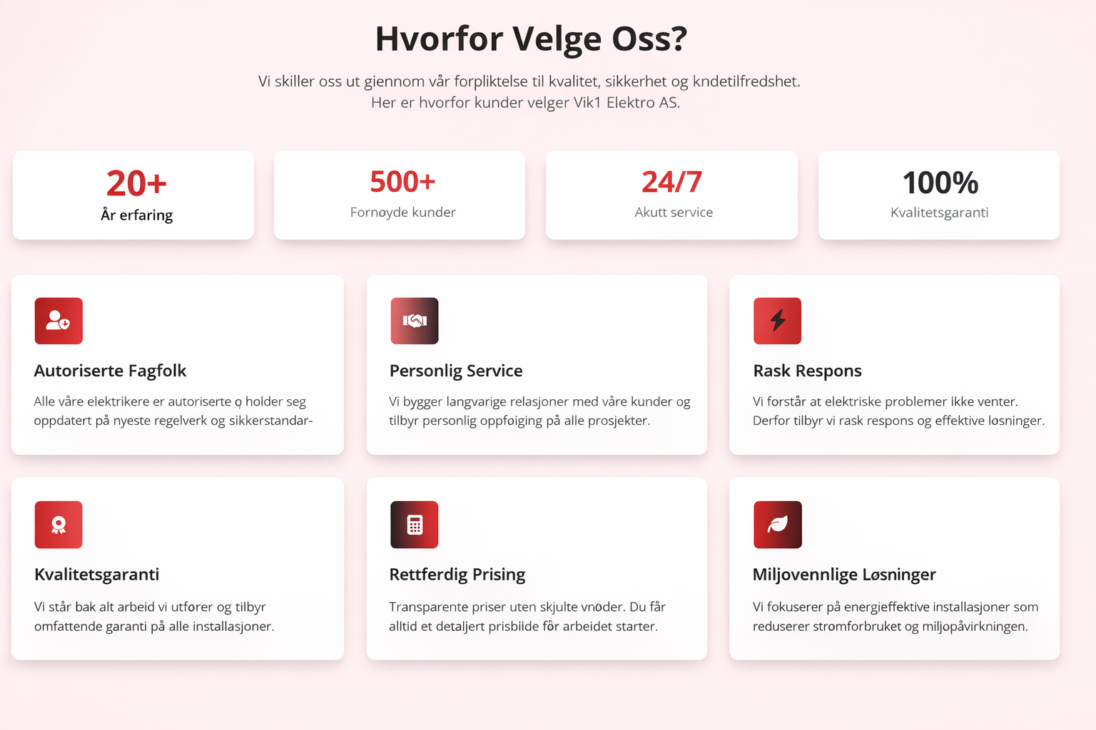 En nettside med tittelen «Hvorfor velge oss?» som forklarer hvorfor du bør velge Vik1 Elektro AS, med fokus på erfaring, kundetilfredshet, døgnåpen service og kvalitetsgaranti, illustrert med ikoner og beskrivelser.