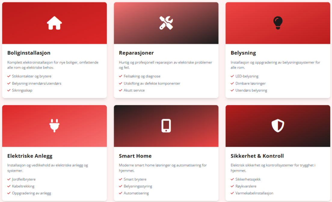 Illustrasjon med seks røde og svarte ikoner som viser Vik1 Elektro sine tjenester innen installasjon, reparasjon, belysning, elektriske anlegg, smarthus og sikkerhetsløsninger.